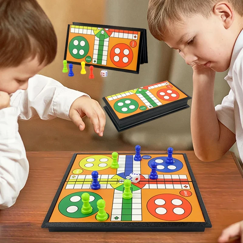 휴대용 루도 체스 백개먼 파티 게임 세트, 접이식 여행용 가족 어린이 파티 장난감