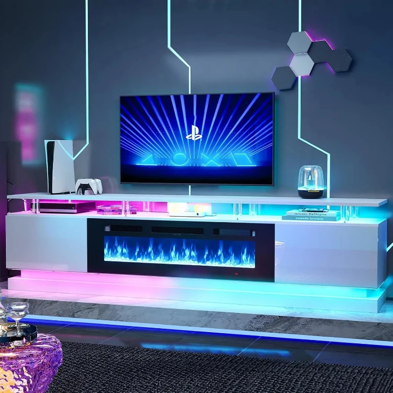 80" Fireplace TV Stand, Modern Entertainment Center for TVs Up to 90", TV Console with Storage Cabinets, Media, Customized image 2