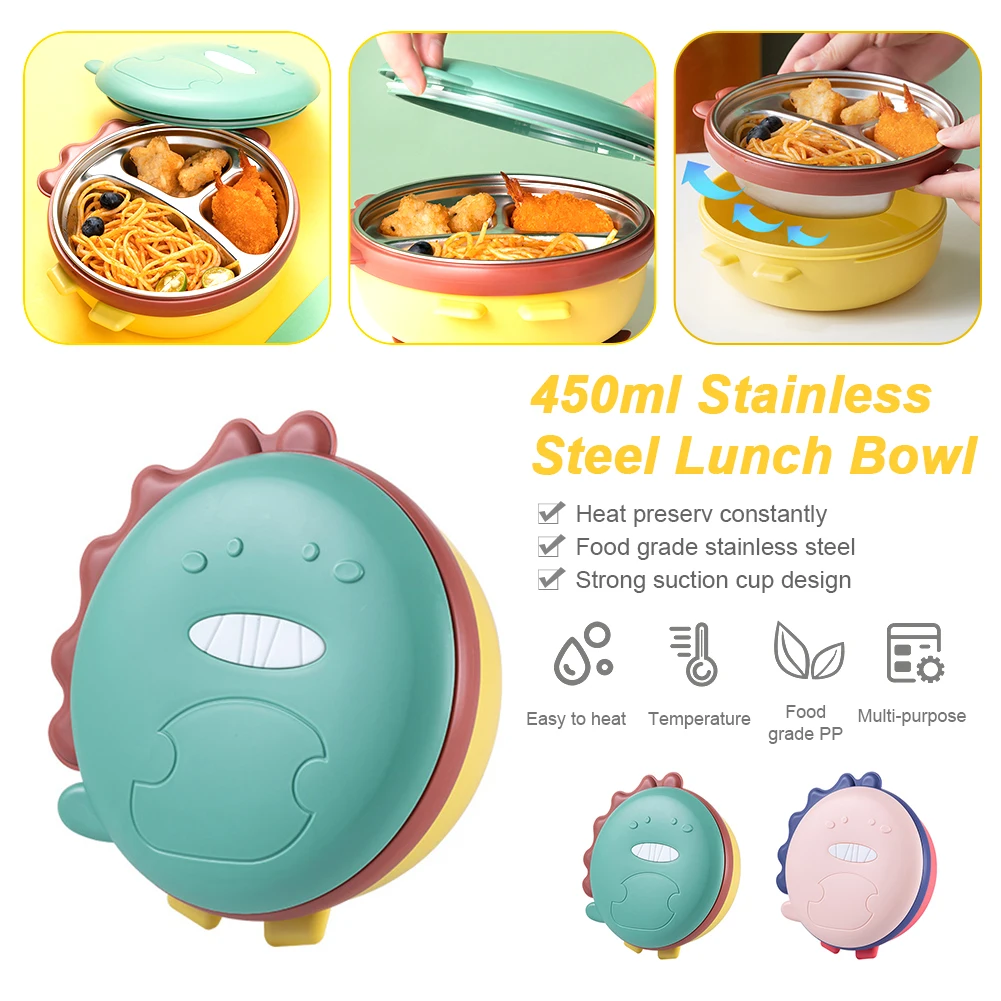 

2022 Creative New Stainless Steel Lunch Bowl 450ml Dinosaur Divided Lunch Box