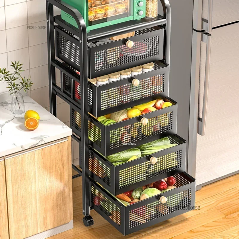 Drawer Type Fruit Basket Kitchen Trolleys Floor Storage Vegetable Rack Organizers Trolleys Multifunctional Rack Auxiliary Cart