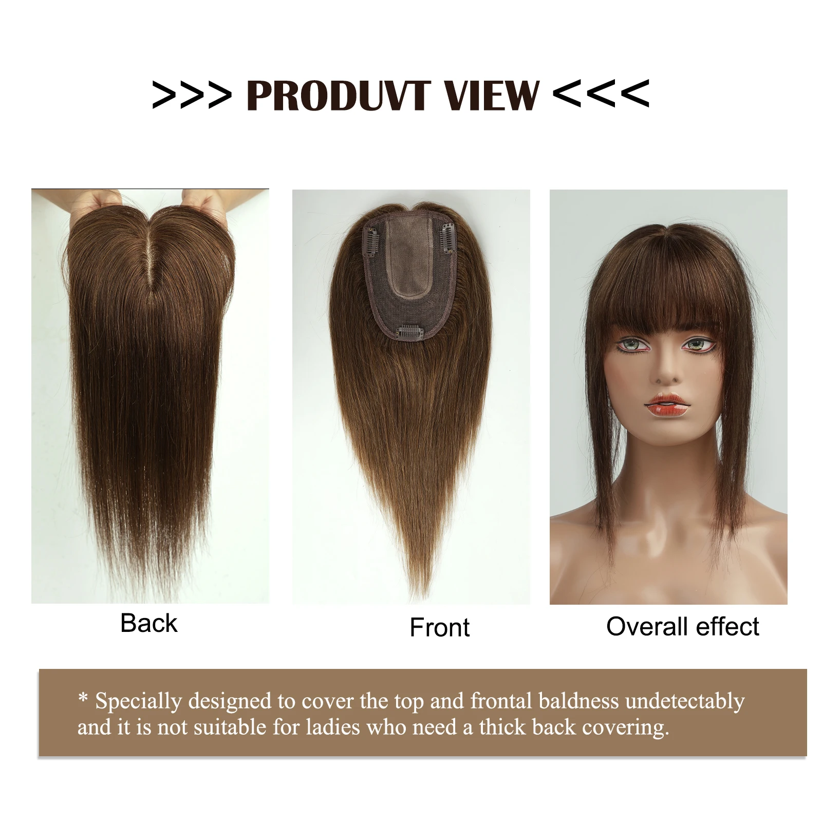 100% Brown Remy Human Hair Toppers Wigs with Bangs Silk Base Clip in Topper Top Hairs in Hair Extension for Women 10/12/14inch