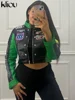 Cutenew Panelled Feather Women Coats New Letter Print Patchwork Buttons Full Sleeve Zip-up Crop Jackets Female Street Outwear