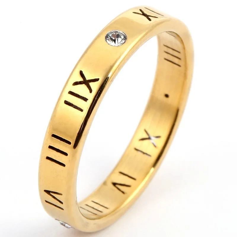 

Real 18K Gold PlatingTitanium Steel Roman Numeral Ring with Crystal Minimalist Women's Finger Accessories Gold Color Fashion Jew