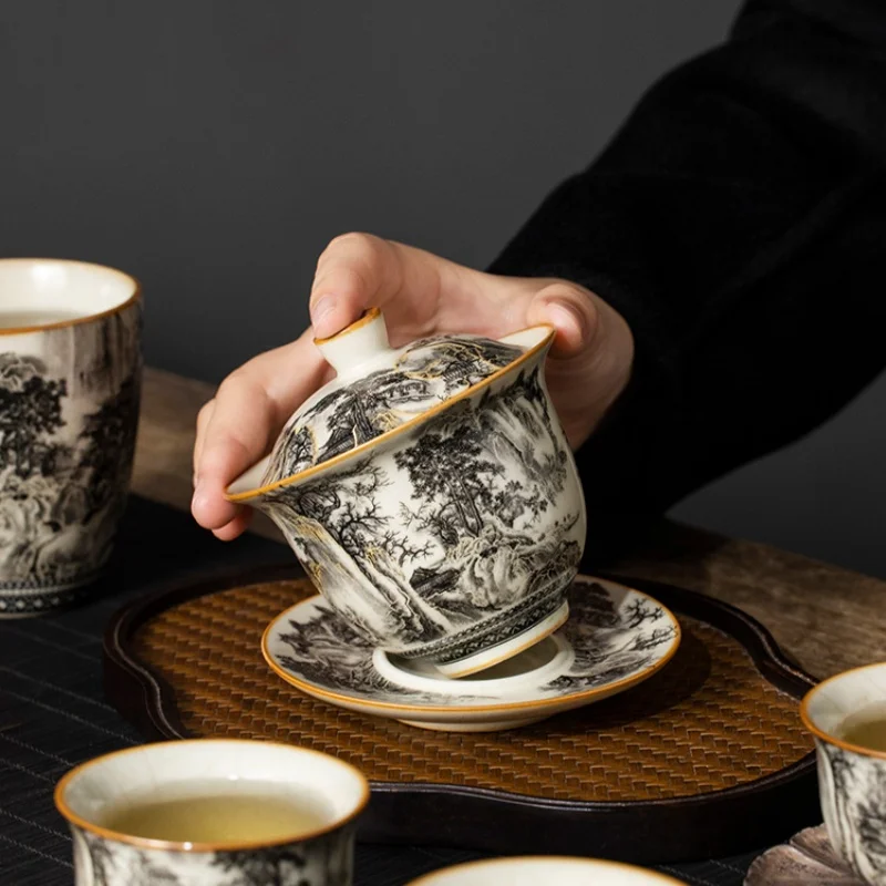 160ML Ru Kiln Landscape Porcelain Gaiwan Set tea set For Tea Tureen Teaware Cup Chinese Yellow Ceramic Opening Tea Bowls Ceremony