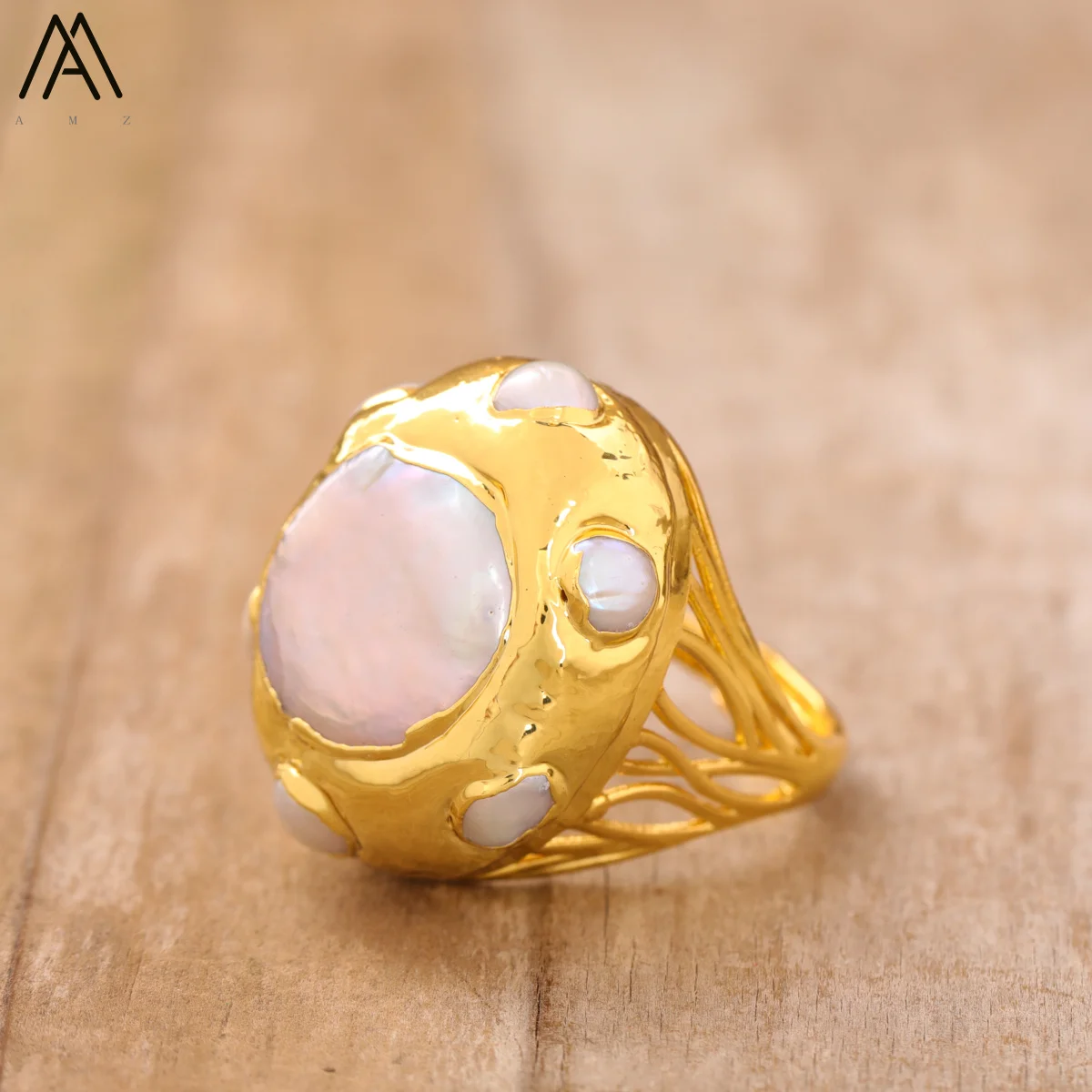 Barock-Perlenring Unregelmäßiger Vergoldeter Ring Luxuriöser Vintage Verstellbarer Fingerring Modischer Damenschmuck für Abendveranstaltungen – Detail 12