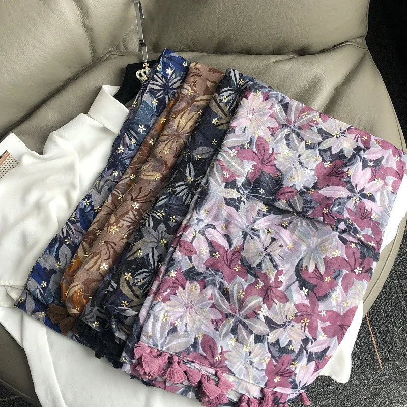 New Luxury Brand Cotton Viscose Scarf Retro Lurex Floral Tassel Shawls and Wraps Echarpe Pashmina Bufandas Muslim Sjaal 180*90Cm