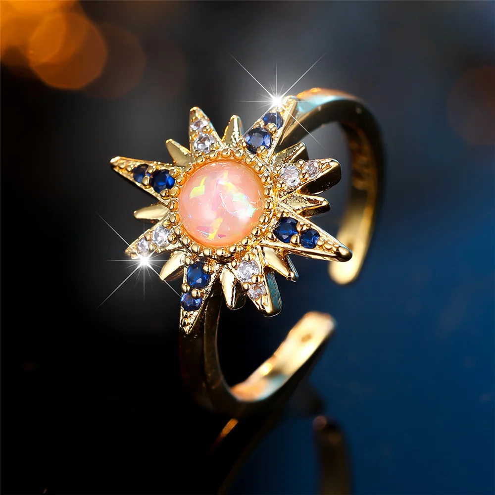 Cute Female White Blue Zircon Stone Adjustable Ring Gold Color Open Wedding Jewelry For Women
