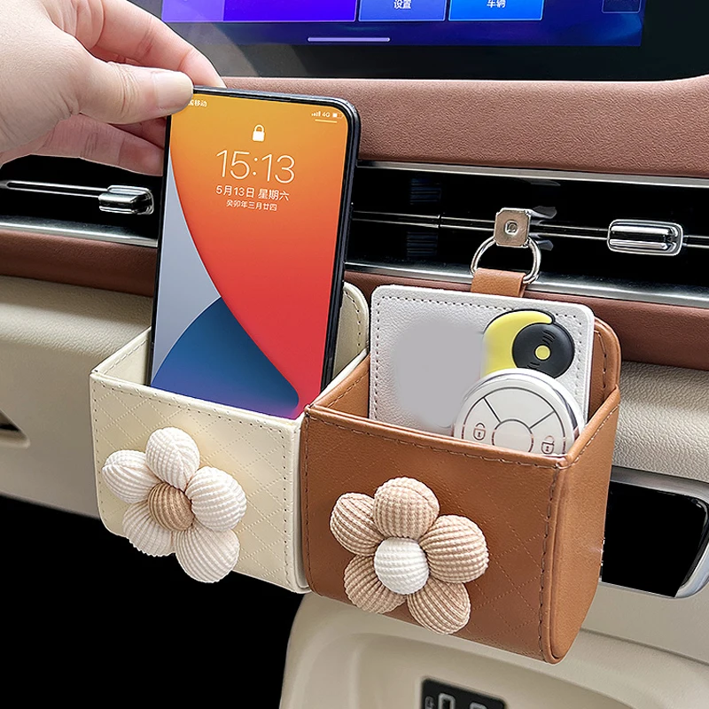 Cute Cartoon Car Hanging Storage Bag Auto Styling Flower Outlet Air Vent Trash Box Per Cellulare Holder Pouch Organizer Women