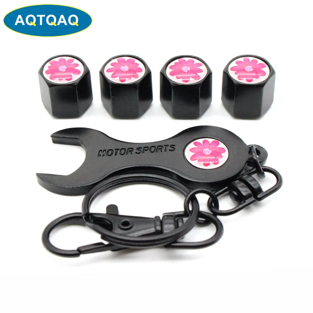 5pcs/set Flower Style Antitheft Car Tire Wheel Valve Caps With Wrench Keychain Zinc Alloy Car