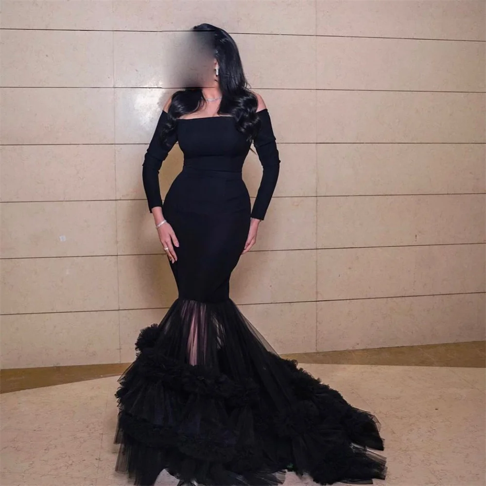 

GORGA Black Elegant Strapless Full Sleeve Mermaid Long Pleat Evening Dress Floor Length Sweep Train High Slit Prom Gown New 2023