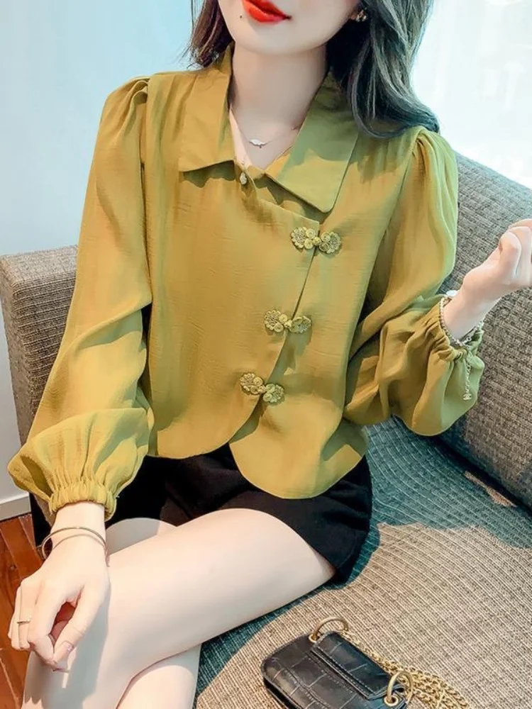 Блузка женская с длинными рукавами, Повседневная Свободная рубашка в китайском стиле с оборками, осень 2023