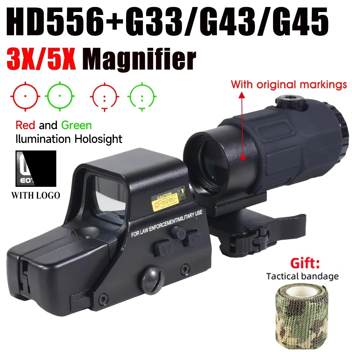 Red Dot Sight E*t*ch G33/G43/G45 3X 5X Magnifier Combo Reflex Green Holographic Airsoft Hunting