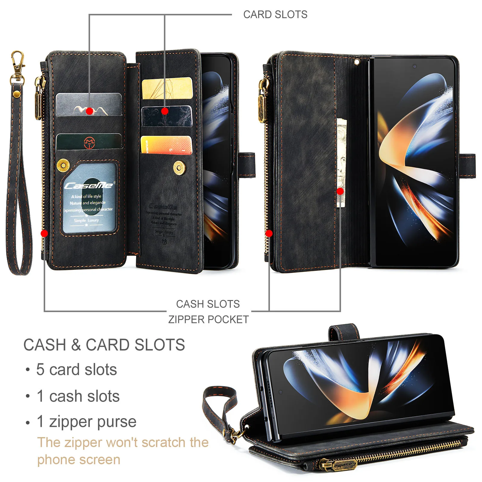 Custodia A Portafoglio In Pelle PU Con Cinturino Da Polso Per OnePlus 11 – Rossa, 9 Slot Carte E Cerniera - 2