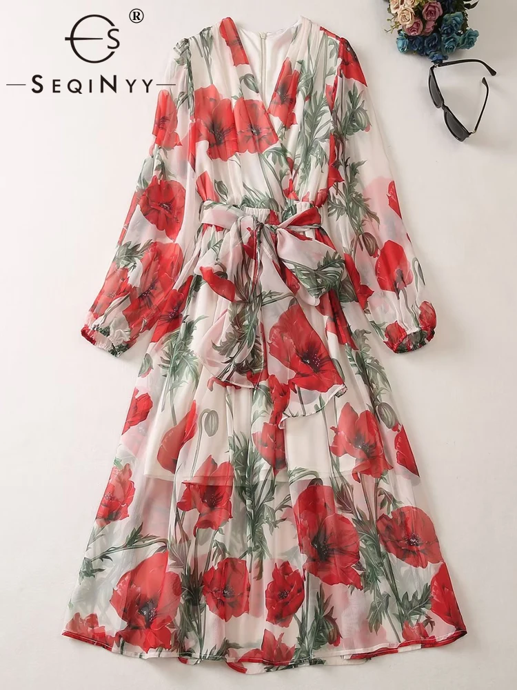 

SEQINYY Chiffon Dress Summer Spring New Fashion Design Women Runway High Street Vintage Red Flowers Print V-Neck Casual