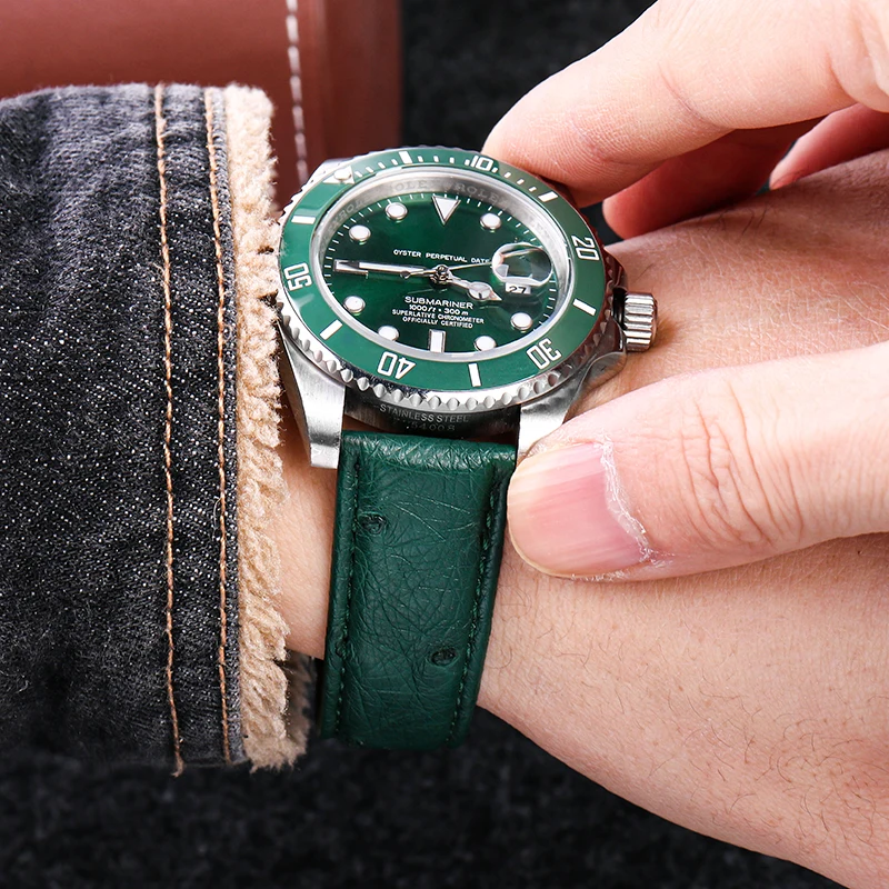 Bracelete de Relógio de Couro Avestruz Vintage para Homens e Mulheres Pulseiras Fecho Borboleta Acessórios Rolex Iwc Tudor Preto Verde Marrom - Image 2