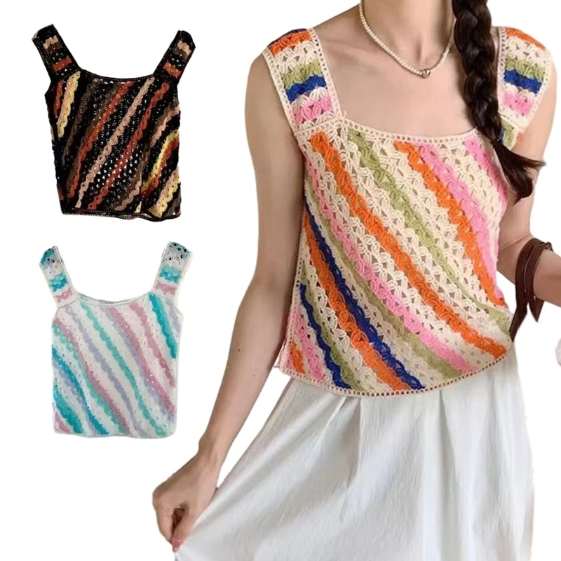 

Women's Bohemian Hollow Out Geometry Floral Pattern Knitted Vest Sleeveless Tops