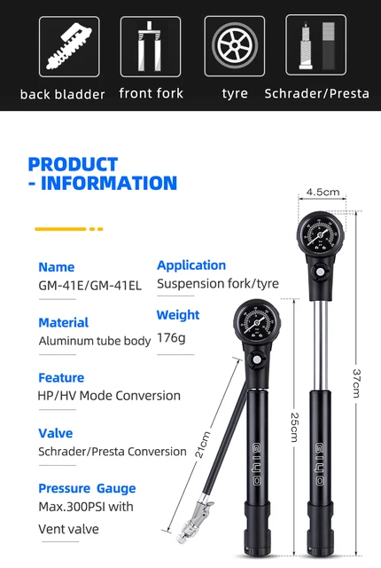 Pompa Alta Pressione Eleven - Per Forcelle E Ammortizzatori Aria, Manometro, Fino A 300 PSI