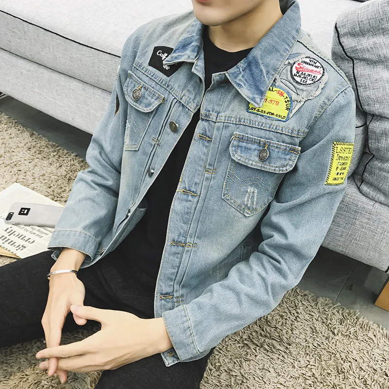 Fashion 2022 Spring Autumn Casual Cowboy Clothing Male Teenagers Single Breasted Denim Patchwork Slim Fit Jacket Men Coat hong kong style 2022 teenagers denim jacket male loose trend korean wild hip hop denim jacket handsome student hooded jacket