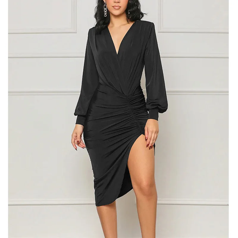 

2023 New Fashion Women Long Sleeve shirring Irregular Bodycon Midi Dress
