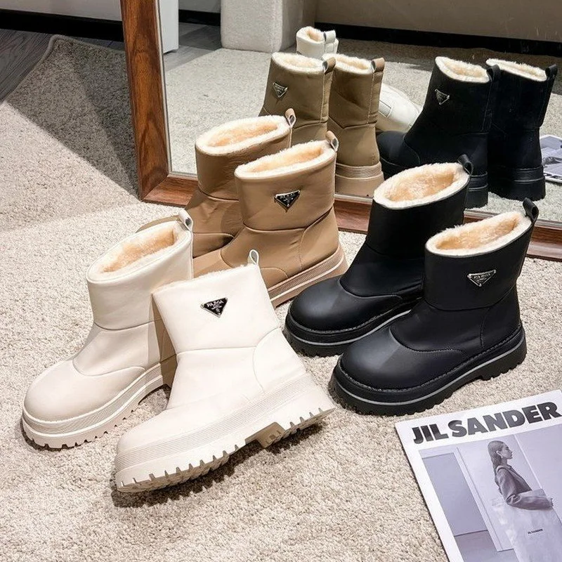 Winter Waterproof Women Snow Boots Thick-Soled  Warm Female Antiskid Soft Leather Shoes Size 35-40