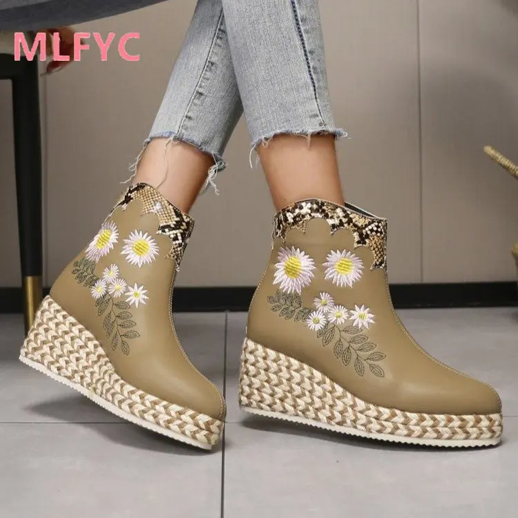 Ethnic style women's shoes embroidered ladies waterproof platform embroidered boots high heels sloping heels short boots