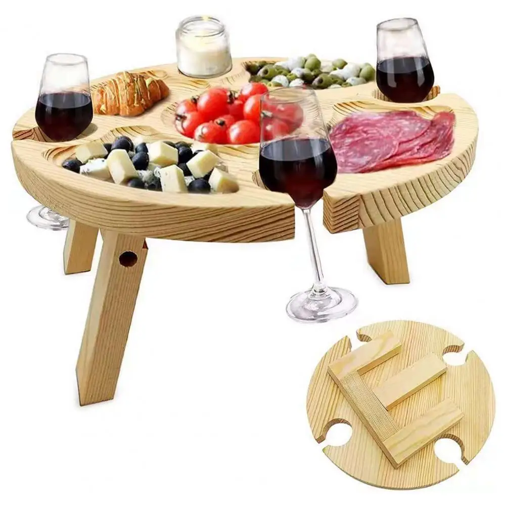 

Wooden Outdoor Portable Folding Wine Picnic Table Camping Cheese Board Tray Foldable Snack Table Wine Rack Tourist Fruit Table