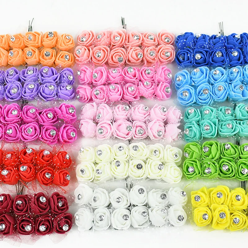 144Pcs 2cm Diamond Artificial Mini Foam Rose Flower Bouquet DIY Wreath Craft Wedding Party Decoration Scrapbooking Fake Flowers