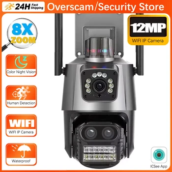 Telecamera IP WiFi ICsee 12MP 6K per Esterni con Tre Obiettivi, Doppio Schermo, Zoom PTZ 8X, Tracciamento Automatico, Protezione e Sorveglianza di Sicurezza Onvif