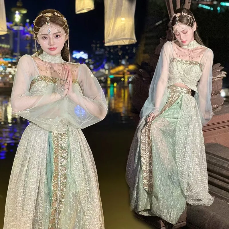 

New Exotic Style Xishuangbanna Trip Shoot Light Green Western Dress Fish Clothing Photography Ethnic