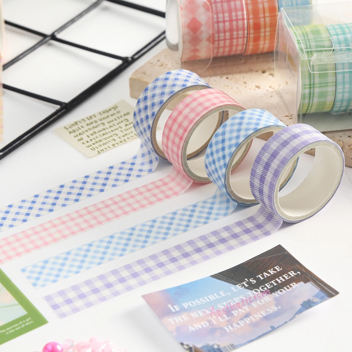 귀여운 레트로 체크무늬 와시 테이프 세트, DIY 스크랩북 스티커, 노트북, 휴일 장식 용품, 학생 개학 용품