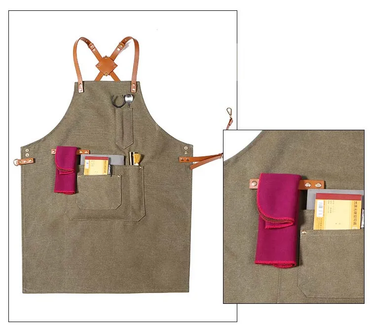 Mode bestickte Schürze Männer und Frauen Denim Canvas Ledergürtel Schönheitssalon Café Begleiter stilvolle Küche Arbeitskleidung – Detail 9