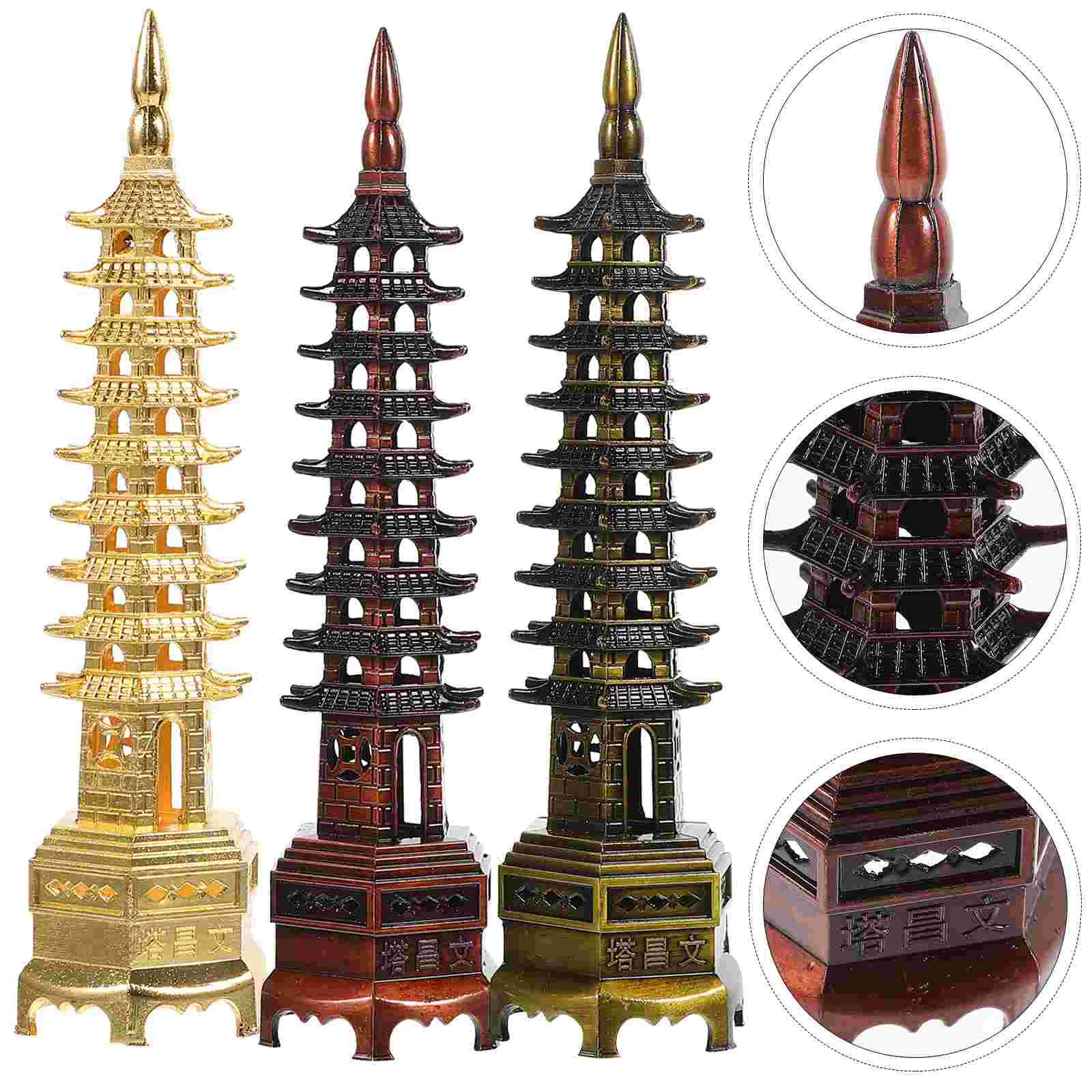 

3pcs Vintage Pagoda Model Zinc Alloy Wenchang Pagoda Decoration Home Desktop Ornament