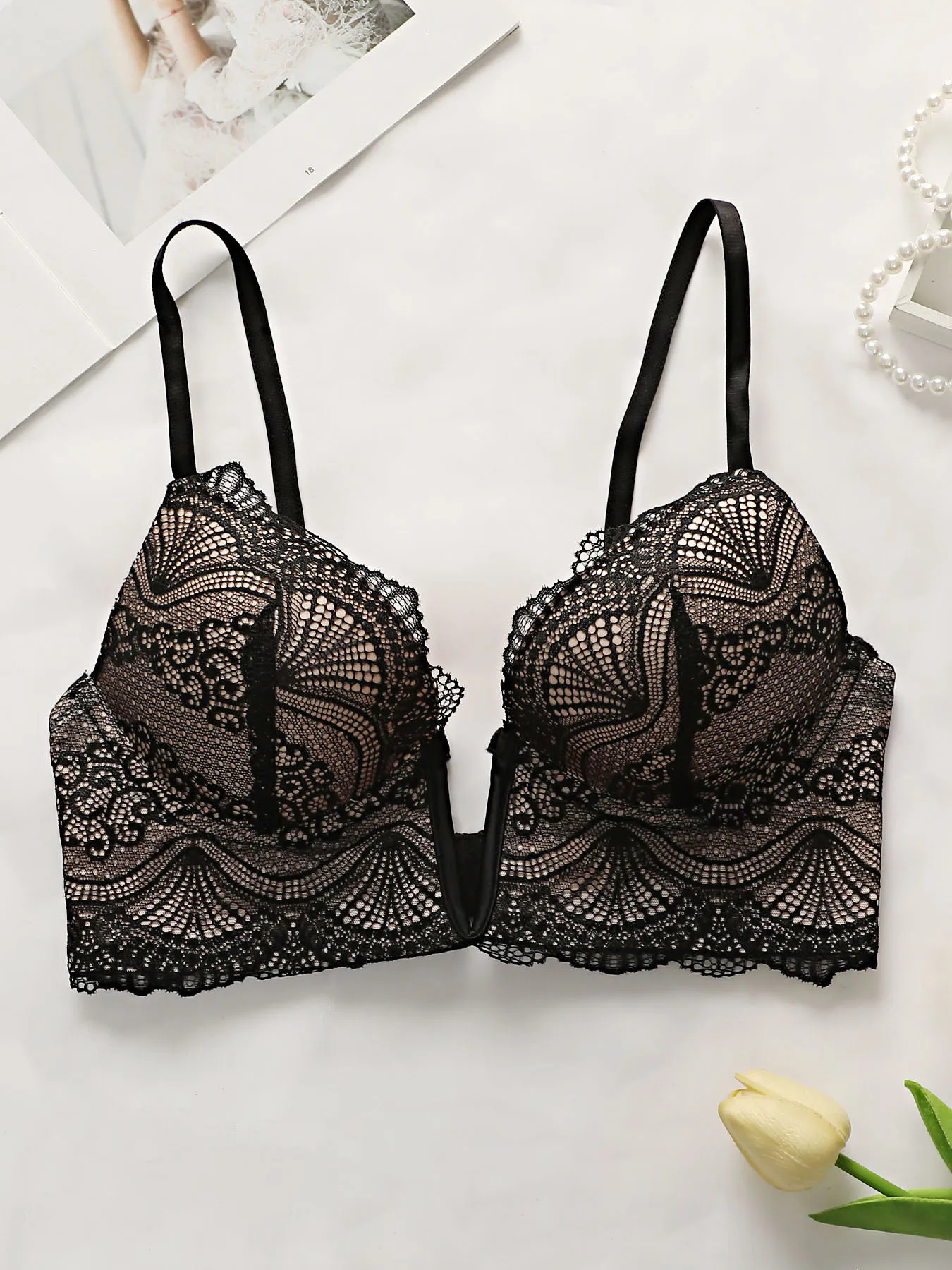 Women's Sexy Lace V-Neck Bra with Steel Ring B Cup Push Up and