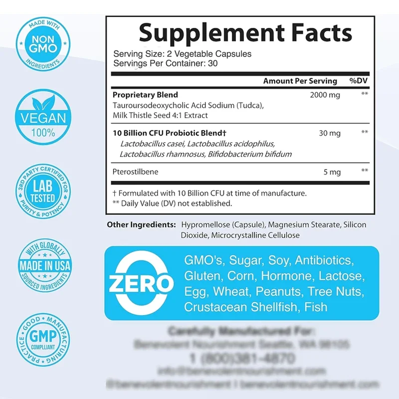 2000mg TUDCA Bile Salt Supplements Complex for Liver Detoxification and Cleansing 4:1 Milk Thistle+60 Probiotics Non GMO Capsules