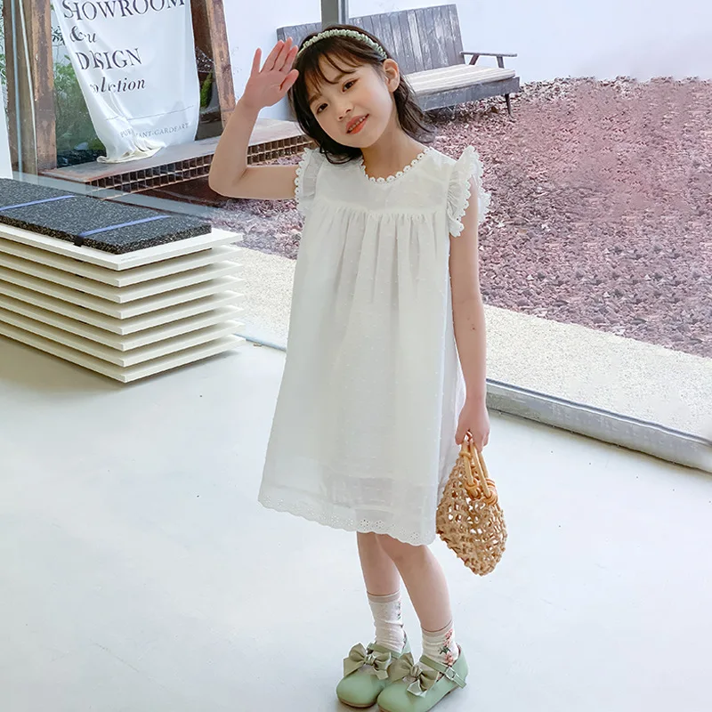 

Kids Girls Dress 2023 Summer Korean Style Children Cotton Clothing Baby Girls Flying Sleeves Lace Princess Dresses