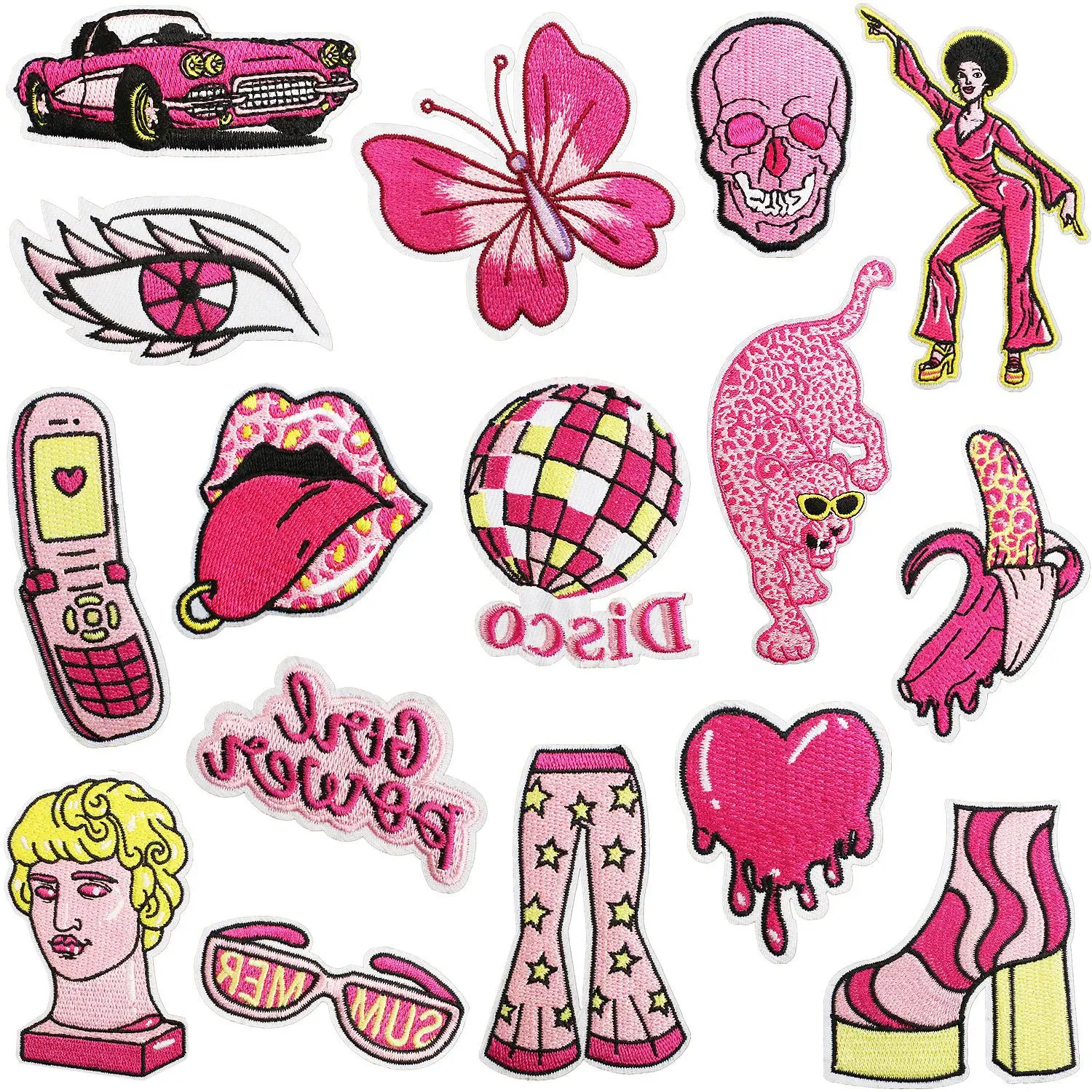 

Cute Pink Emblem DJ Nightclub Style Embroidered Cloth Patches Pink Girl Bungee Patch Sports Car High Heels Stitch Ironing Badge