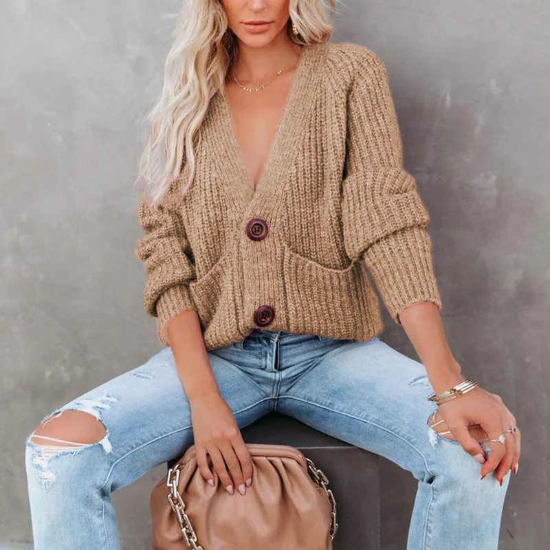 

Women's 2021 Autumn and Winter New Fashion Solid Color V-neck Cardigan Single-breasted Long-sleeved Sweater Coat Cardigan Women