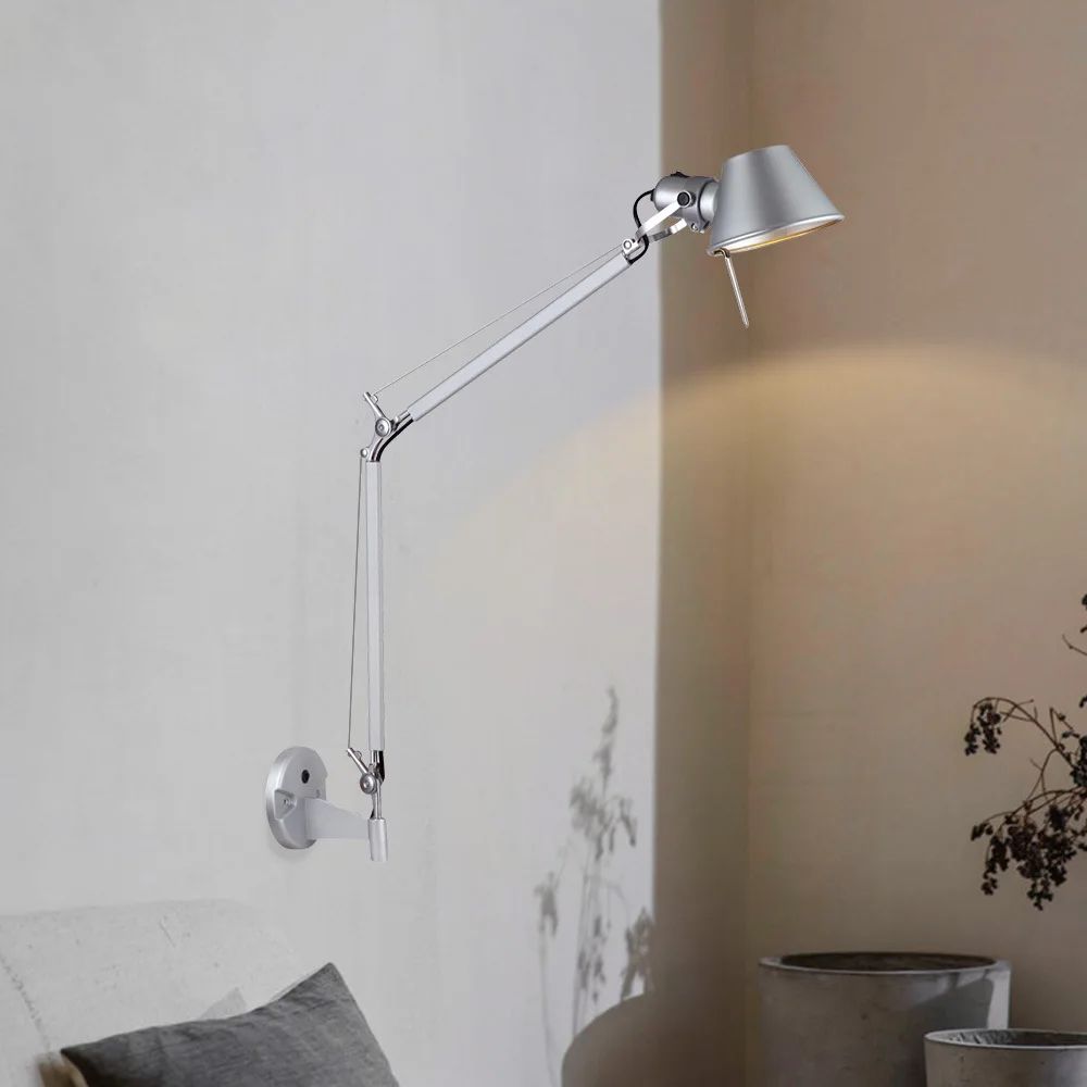 

Vintage Silver Black LED Wall Lamp Bedroom Bedside Sconce Long Arm Adjustable Foyer Reading Lighting E27 Bulb 110-220V