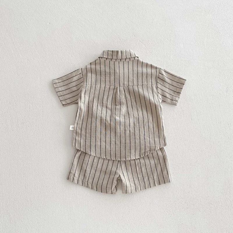 Baby clothes 0-5-year-old baby retro striped short sleeved sports set 2024 summer children\'s lapel shirt loosecasualtwo-pieceset