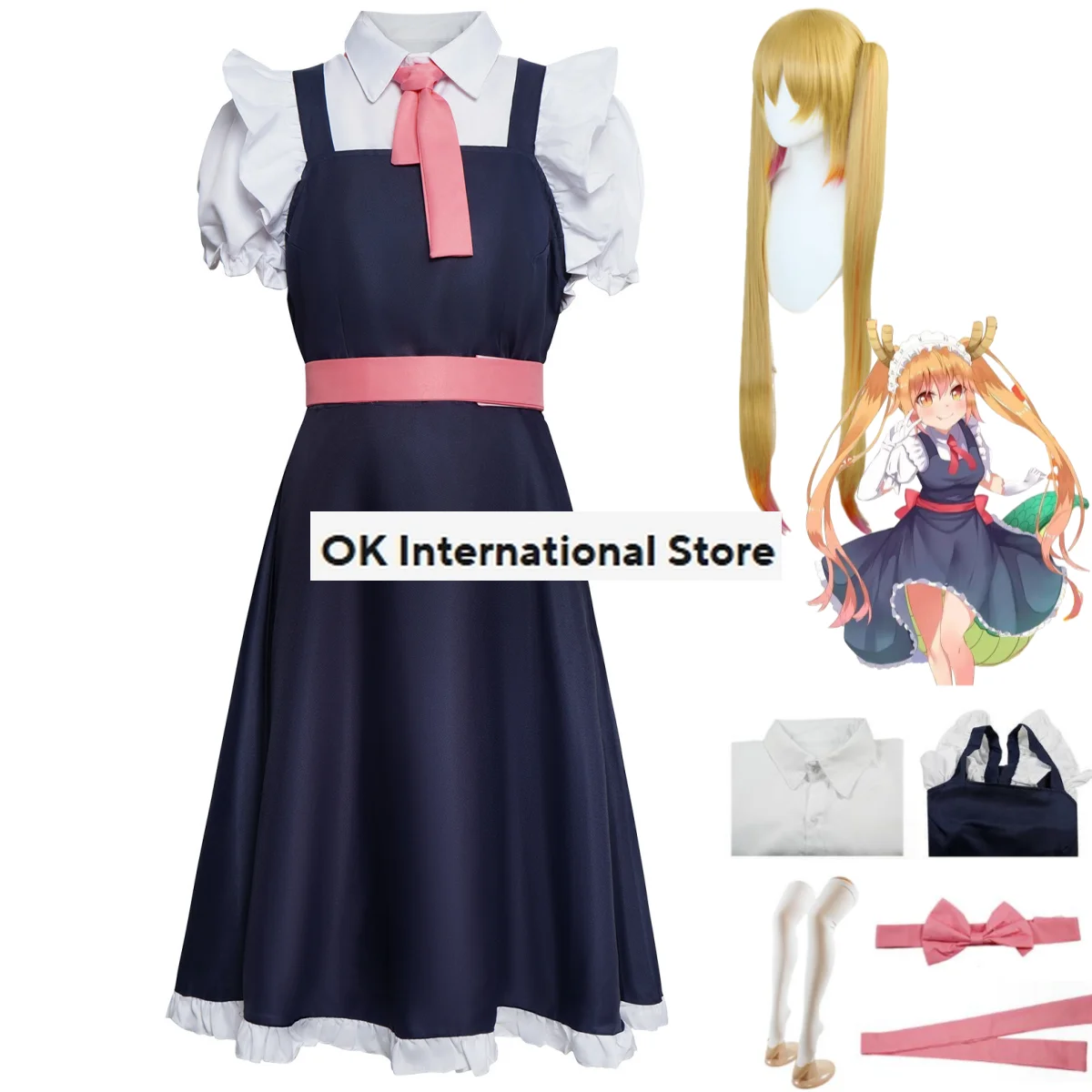

Костюм горничной из аниме «Miss Kobayashi's Dragon Maid Tohru» для косплея, парик, костюм горничной, камизол, Женская юбка, кавайный костюм на Хэллоуин и Рождество