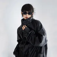 Harajuku Pu Jacket Women Turtleneck Fashion Faux Leather Long Sleeve Coat Heavy Metal Black Y2K Outerwear Female Tops