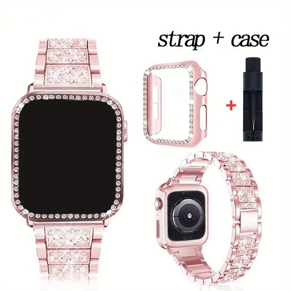 2 in1 Metal Strap + Case For Apple Watch Band Bracelet Watch Bling ...