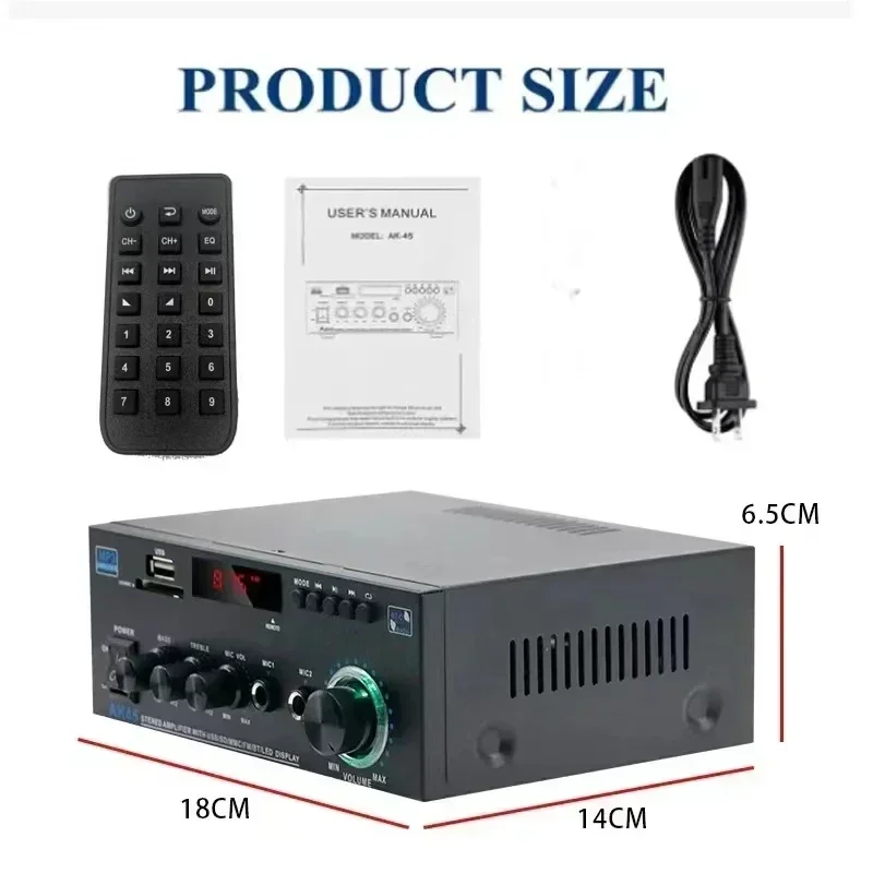 AK45 Bluetooth 5.0 Power Amplifier 2.0CH 60W X 2 Output Max 400W Subwoofer Hi-Fi Audio Amplifier Stereo Receiver