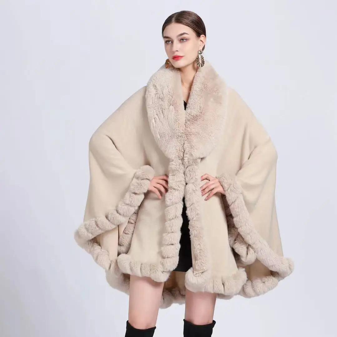 

Europe America New Imitation Otter Rabbit Fur Collar Hooded Imitation Cashmere Loose Ponchos Women Capes Beige Cloak