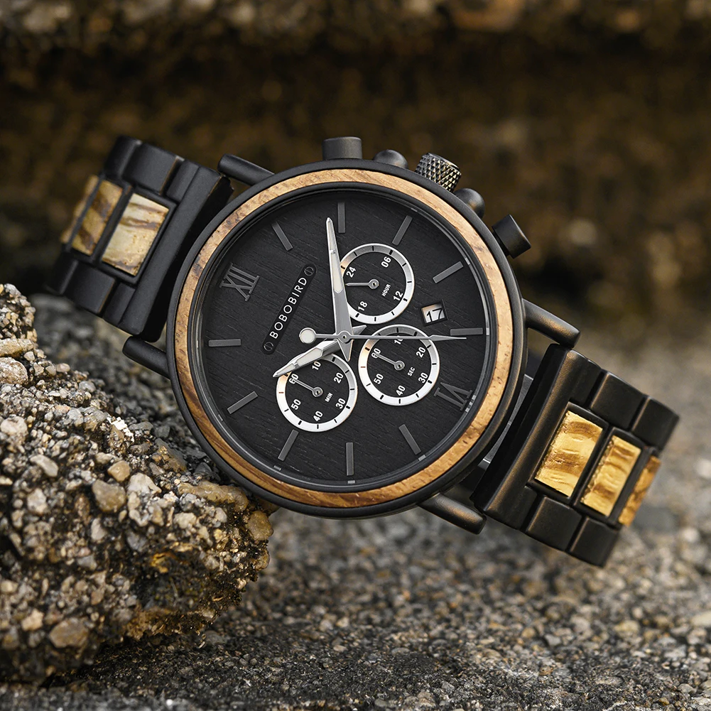 BOBO BIRD Wooden Watch Men Military Quartz Watches Luxury Stylish Wood Timepieces Chronograph Personalized Engraved Gift Box