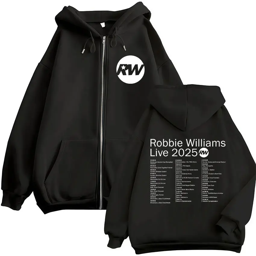 Robbie Williams Live Tour 2025 Rw Logo Zipper Hoodie Mens Women