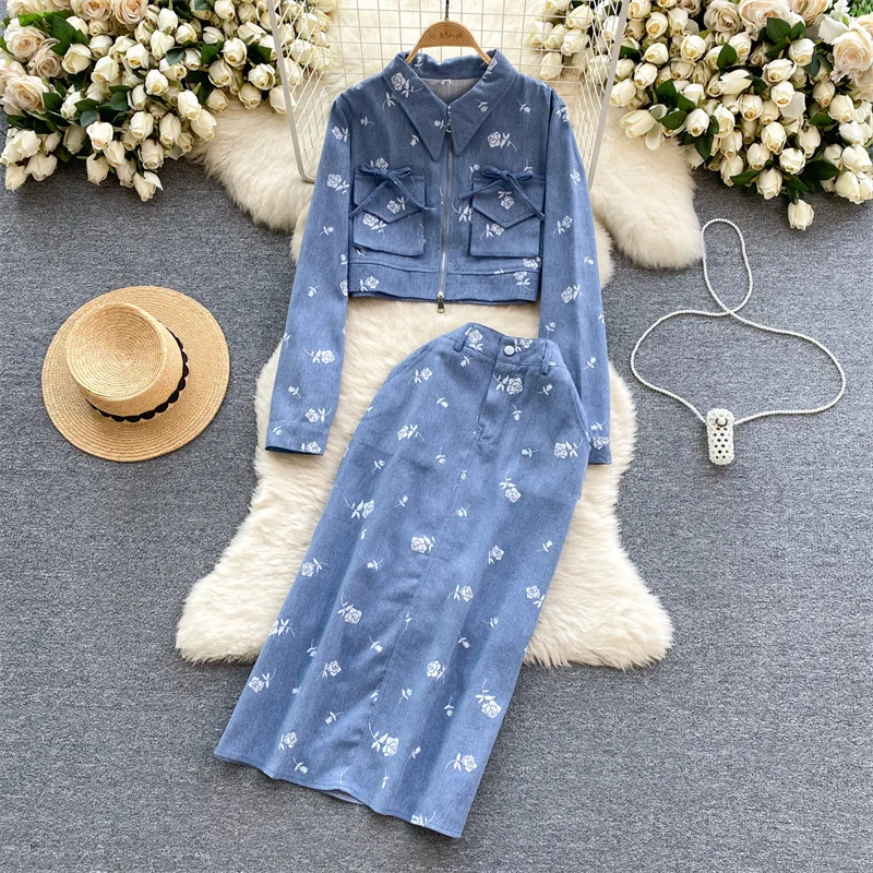 

Spring Fashion Flower Printing Blue Imitation Cowboy Sets Lapel Long Sleeve Short Denim Jacket High-waist Skirt Women Denim Sets