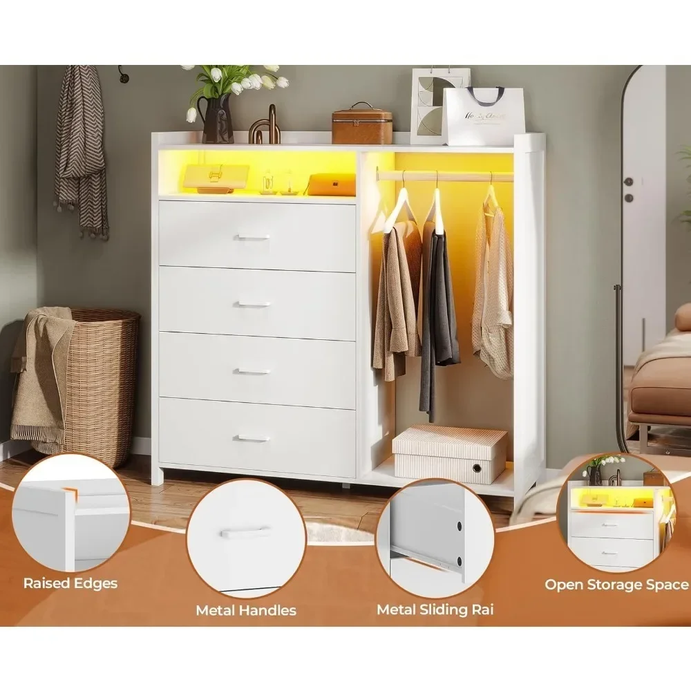 Children's Wardrobes, White Dresser for Bedroom with Clothing Rack, Dressers& Chests of Drawers,4 Drawer Dresser with LED Lights 5