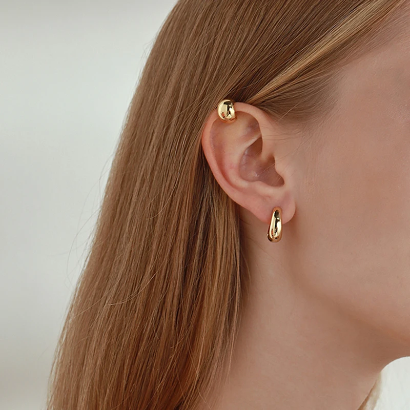 Peri'sBox Single Piece Solid Gold Color Earrings Without Piercing Metal Ball Chunky Cartilage Earrings Women Minimalist Ear Cuff