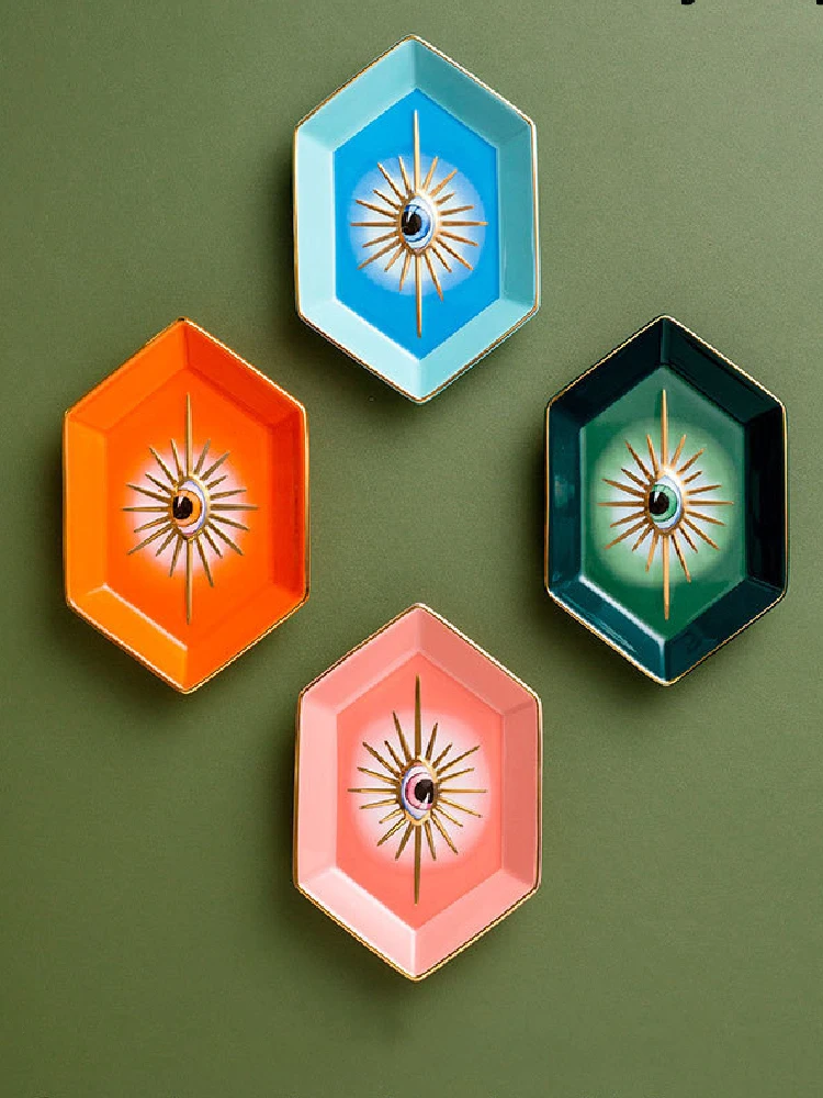 Description Picture 2 of itemCreative Colorful Hexagonal Eye Tray Ceramic Home Porch Decorations Ornaments Jewelry Storage Tray Desktop Decorative Tray
